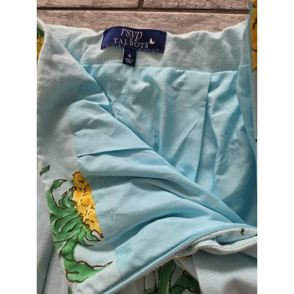 Talbots RSVP Pineapple Pleated Midi Skirt 6 Blue Tropical Cotton A-Line Preppy